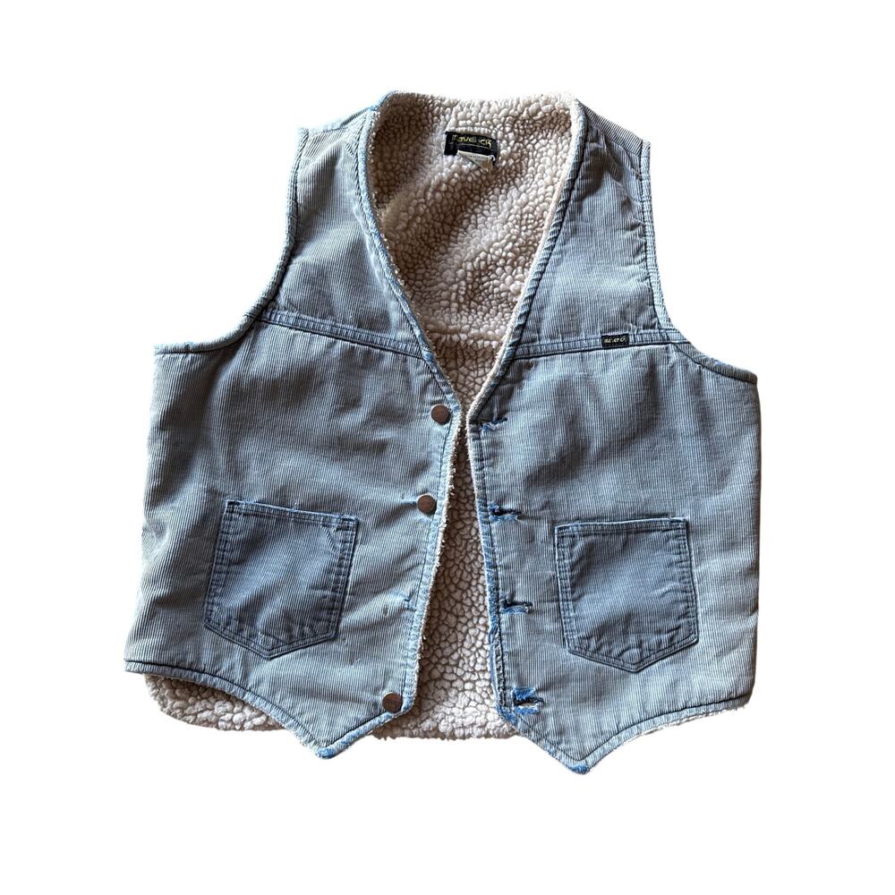 Vtg 70s Maverick USA Made Sherpa Lined Faded Sky Blue Distressed L Corduroy Vest
